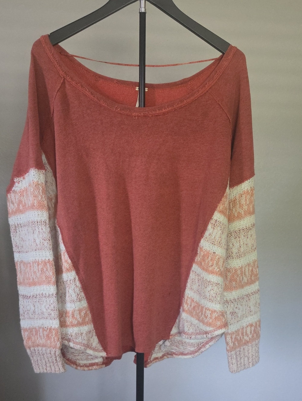 Free People Rust Scoop Neck Pullover with Cream & Peach Stripe Sleeves